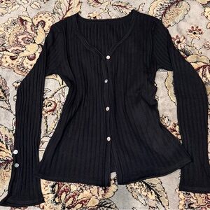 Black Ribbed Button-Up Cardigan